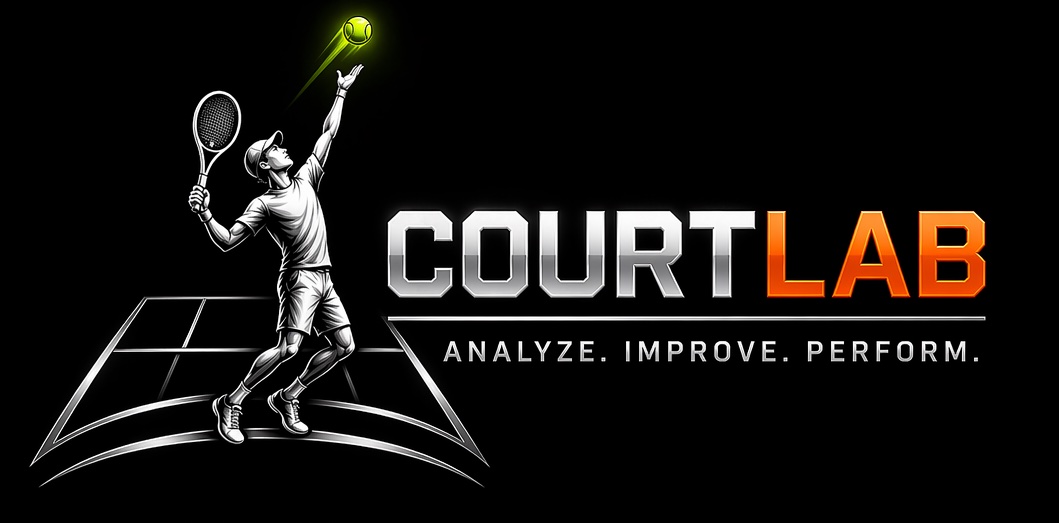 CourtLab: a player tossing a tennis ball to serve, next to the CourtLab wordmark and the line Analyze. Improve. Perform.